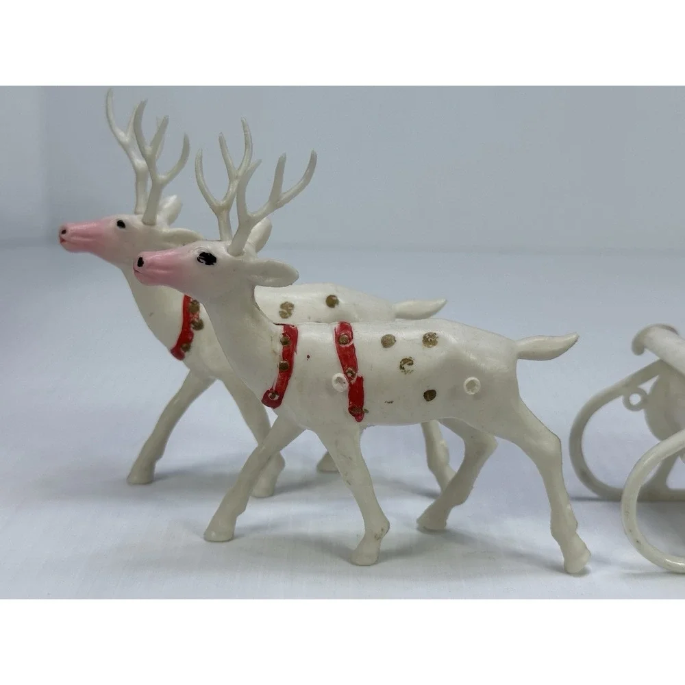 Vintage Plastic Standing Santa Claus Sleigh Pulled by Two White Reindeer